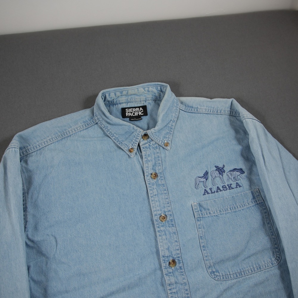 Alaska Wildlife Chambray Denim Embroidered Denim Men L Shirt VTG Cabin Nature - Picture 11 of 15